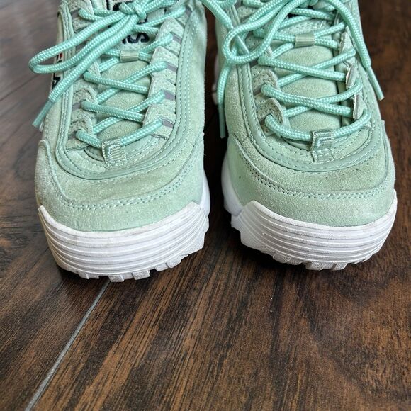 Fila Womens Size 7 Disruptor II Suede Mint Green Sneakers 5FM0038-320 Chunky - Picture 2 of 10